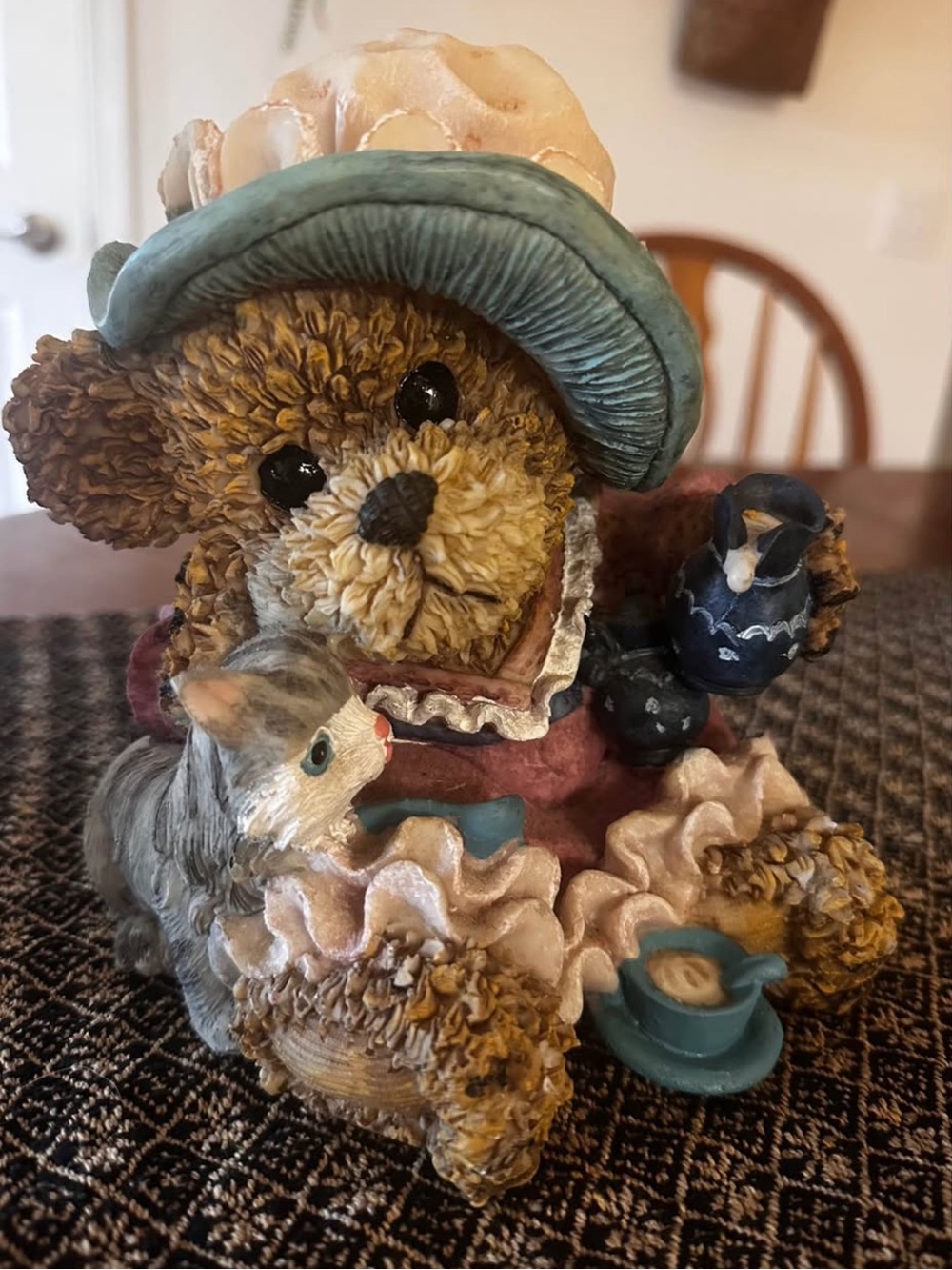 Vintage Bear Figurine with Kitten and Teacup - Blue Hat